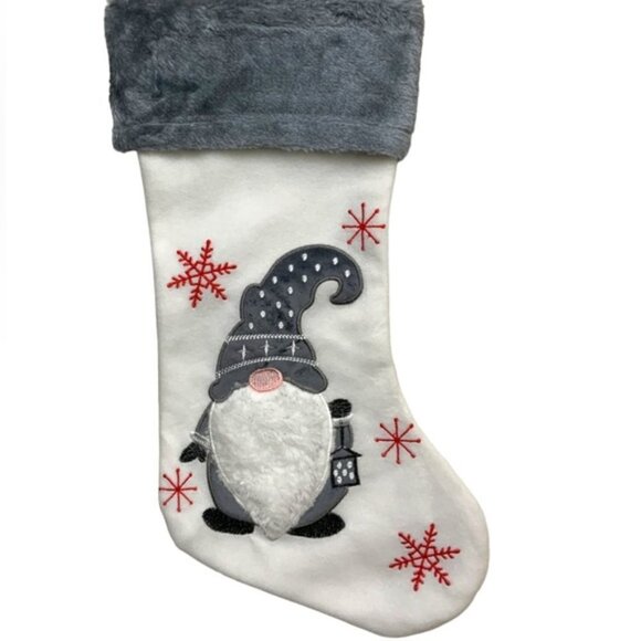 Gnome Christmas Stocking Embroidery Embellishments 17 inches White Grey - Picture 10 of 14